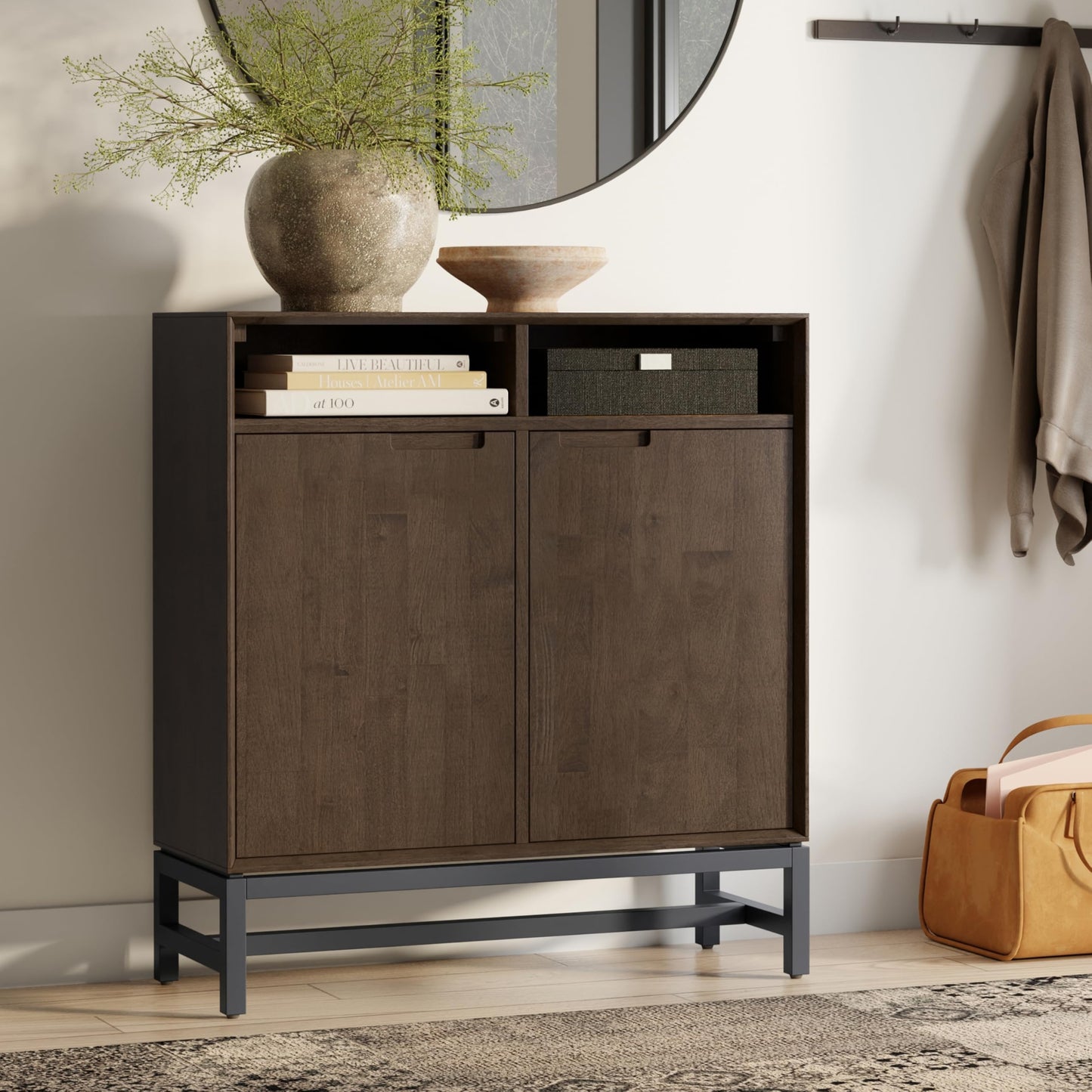 SIMPLIHOME Banting SOLID HARDWOOD 36 inch Wide Modern Industrial Entryway Storage Cabinet in Walnut Brown for the Living Room, Entryway and Family Room