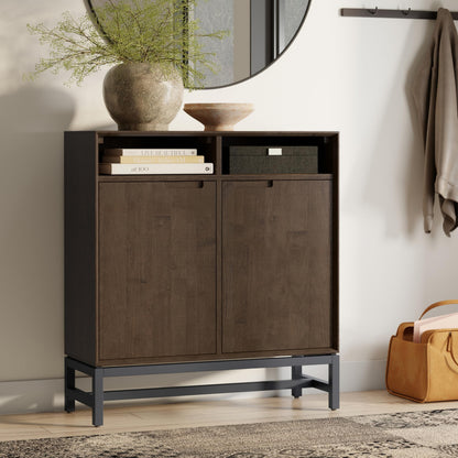 SIMPLIHOME Banting SOLID HARDWOOD 36 inch Wide Modern Industrial Entryway Storage Cabinet in Walnut Brown for the Living Room, Entryway and Family Room