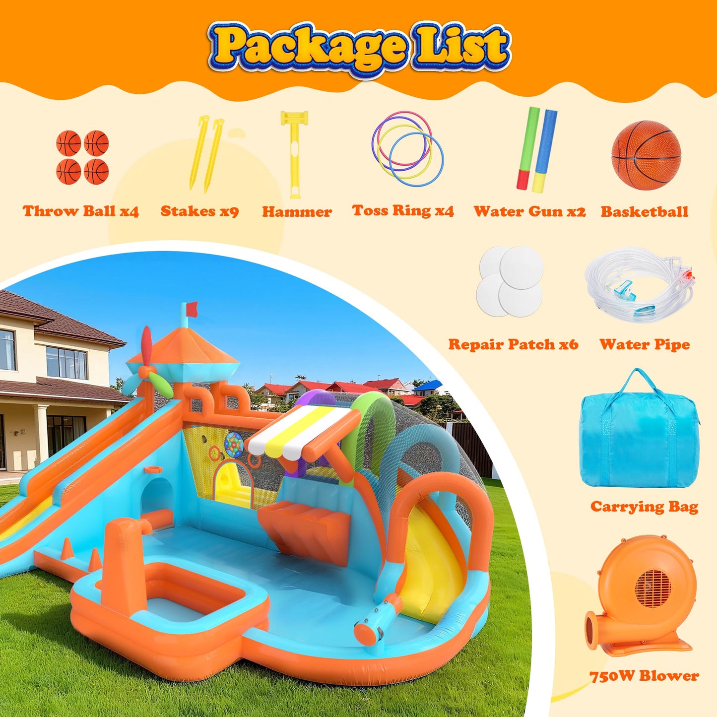 Inflatable Bounce House with Double Slide, 10 in 1 Large Bounce Castle with 750W Blower, Water Slide, Jumping, Splash Pool, Climbing Wall, Toy Stand, Water Cannon, Basketball, Tunnel, Outdoor, Orange