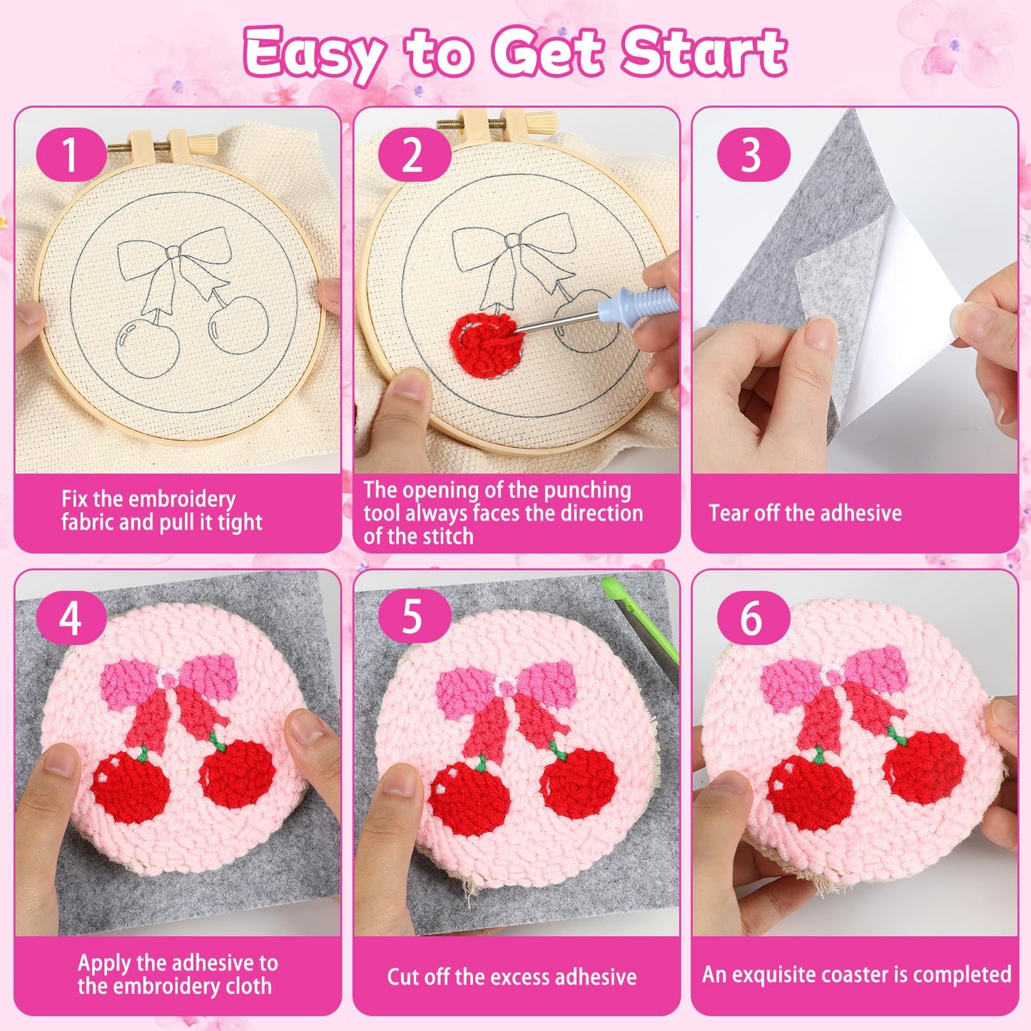 Pink Punch Needle Coaster Kit Strawberry Bow Floral Pattern Coasters Easy Punch Needle Embroidery Kit for Adults Beginner DIY Tufted Pads with Adhesive Felt Yarns Tools Embroidery Hoop Instruction