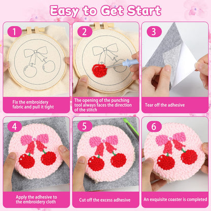 Pink Punch Needle Coaster Kit Strawberry Bow Floral Pattern Coasters Easy Punch Needle Embroidery Kit for Adults Beginner DIY Tufted Pads with Adhesive Felt Yarns Tools Embroidery Hoop Instruction