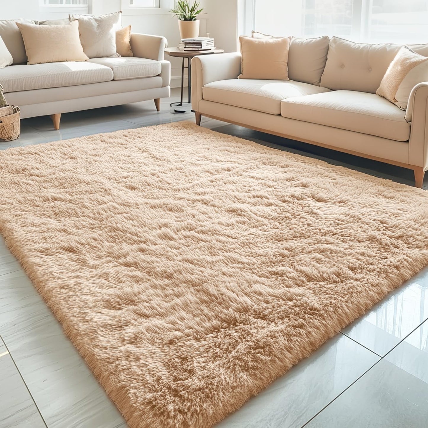 OLANLY 5x5 Area Rug - Soft, Fluffy Shaggy Design for Living Room & Bedroom | Machine Washable, Beige
