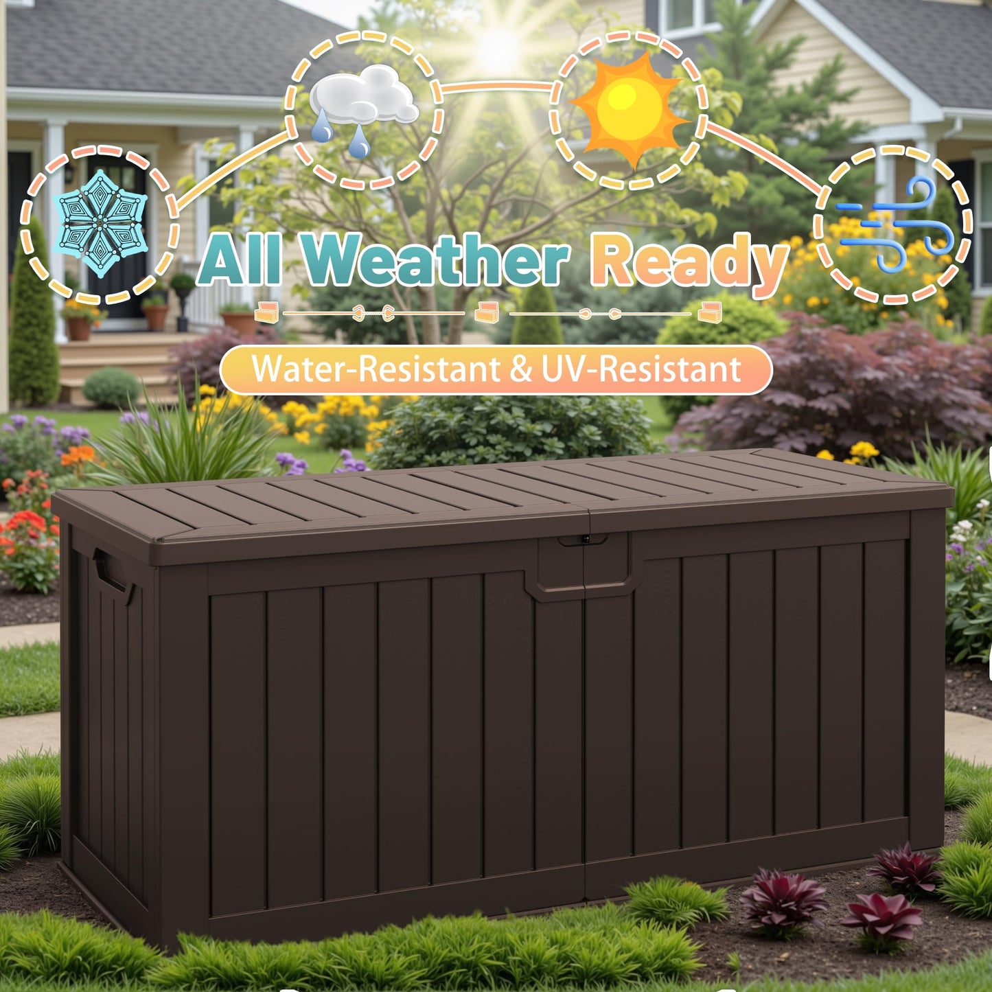 Patiowell 240 Gallon Large Outdoor Storage Box, Waterproof Deck Box with Fixed Divider, Lockable and Durable Patio Storage Solution for Patio Furniture and Garden Tools (Brown)