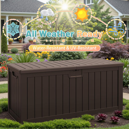 Patiowell 240 Gallon Large Outdoor Storage Box, Waterproof Deck Box with Fixed Divider, Lockable and Durable Patio Storage Solution for Patio Furniture and Garden Tools (Brown)