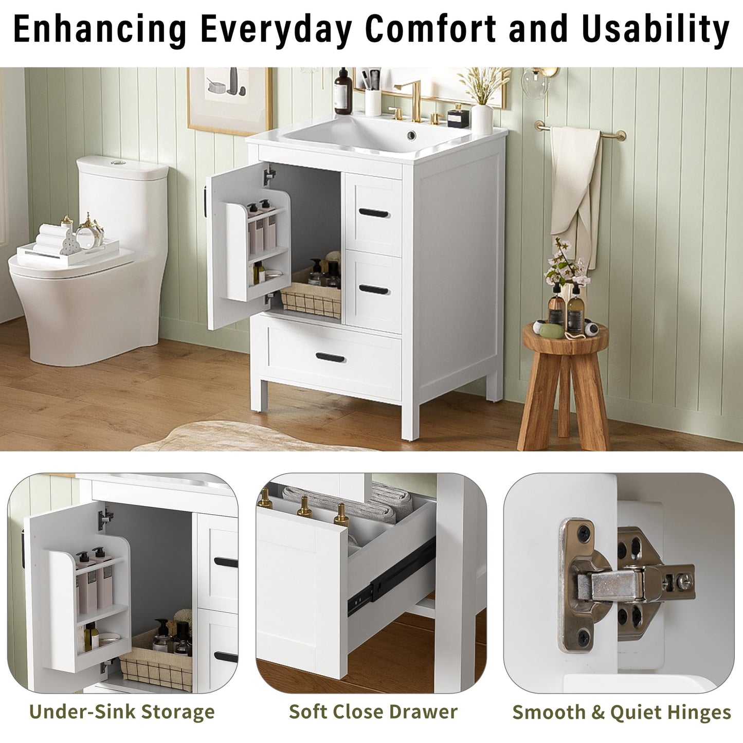 Favfurish 24" Bathroom Vanity with Ceramic Sink,Freestanding Bathroom Vanities with Soft-Closing Door and Double-Layer Door Shelf,Modern Bath Storage Cabinet w/ 3 Drawers,White