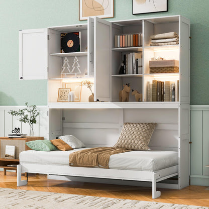 DNYN Twin Size Murphy Bed with Top Cabinets and LED for Bedroom/Guest/Study Room, Foldable Wall Bed Frame with USB and Storage Shelves, Space-Saving & No Box Spring Needed