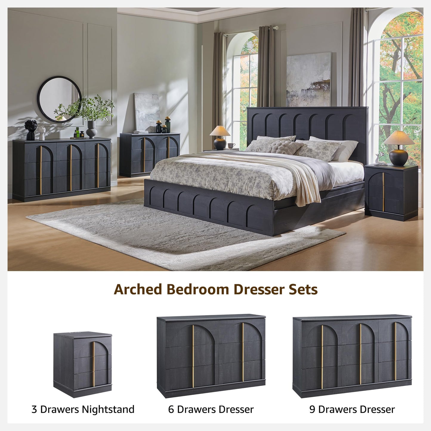 ACCOHOHO Arched Dresser for Bedroom with 6 Drawers, 47.3" Wide Modern Chest of Drawers with Rounded Edge & Metal Handles, Wood Storage Closet Dressers TV Stand for Living Room, Hallway, Black
