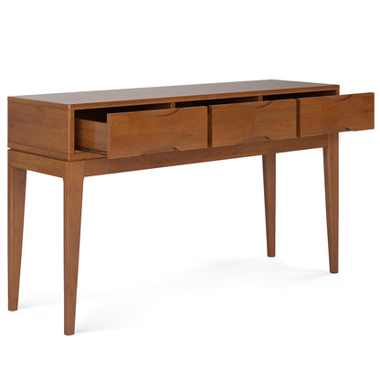 SIMPLIHOME Harper Console Table - 54 Inch Wide Solid Hardwood Sofa Table in Teak Brown, Mid-Century Modern Storage Table for Entryway or Living Room with 3 Drawers, Notched Handles, and Tapered Legs