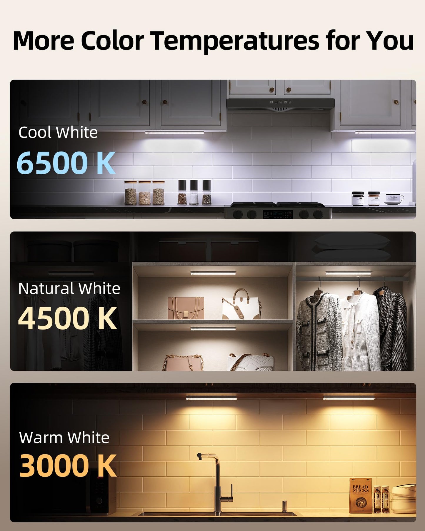 EZVALO 3-Pack Under Cabinet Lighting with Charging Station, 2000mAh Rechargeable Wireless Motion Sensor Lights, 3 Color Temps, Dimmable, Timer, Magnetic, with Remote Control for Kitchen, Closet
