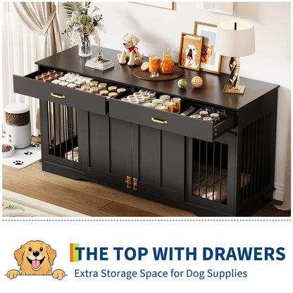 GarveeHome 71'' Double Wooden Dog Crate Furniture for 2 Dogs, with Removable Divider, Sliding Door & 2 Drawers, Decorative TV Stand for Living Room, Fits Small Medium Large Dogs