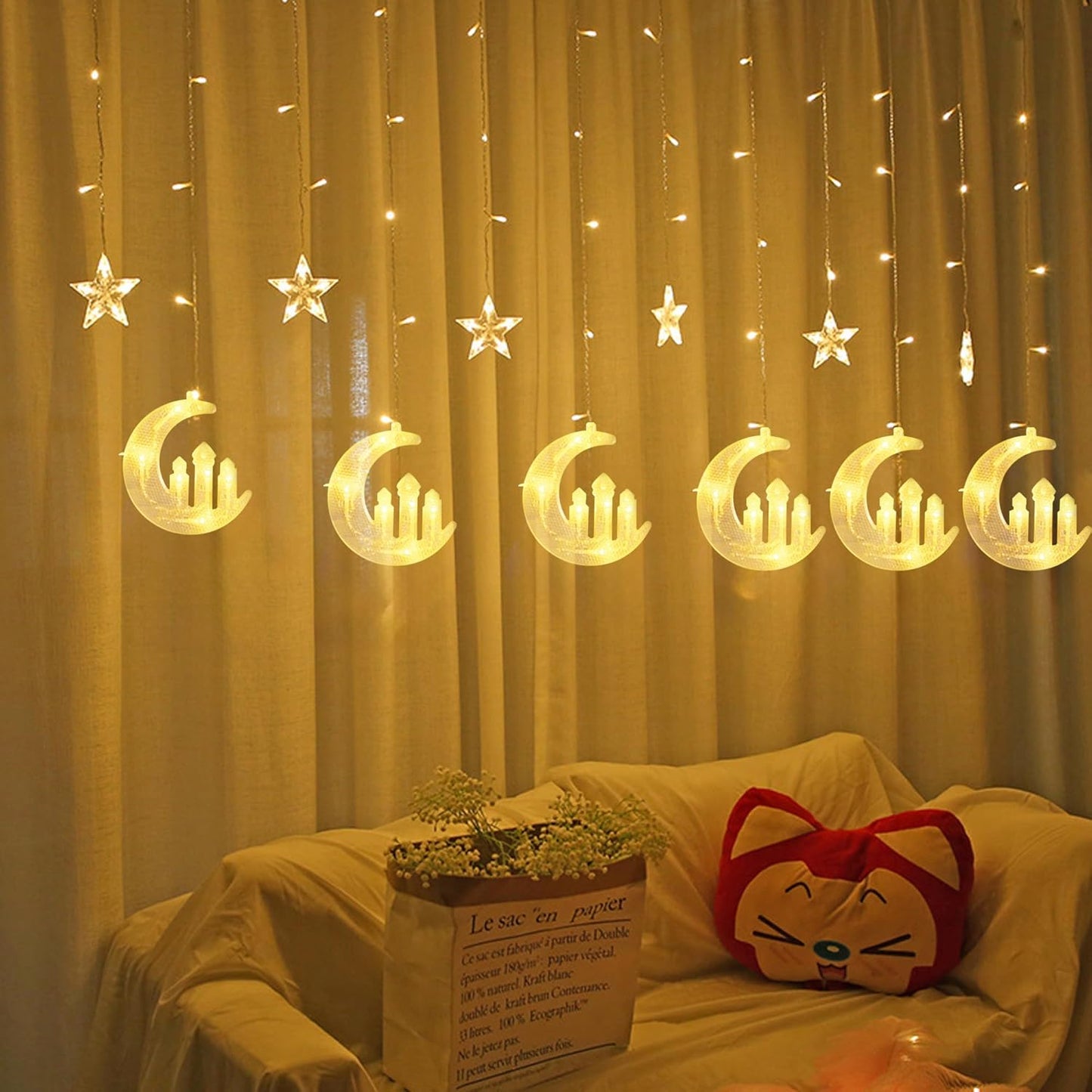 138 8 Dazzle Bright Moon Star and Fairy Tale Castle String Lights, LED Muslim Curtain Fairy String Lights, Lighting