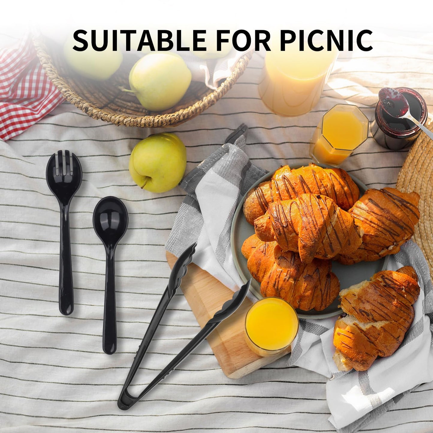 36 PCS Disposable Serving Utensils for Party - 12 Set Including Black Plastic Spoons, Tongs and Forks