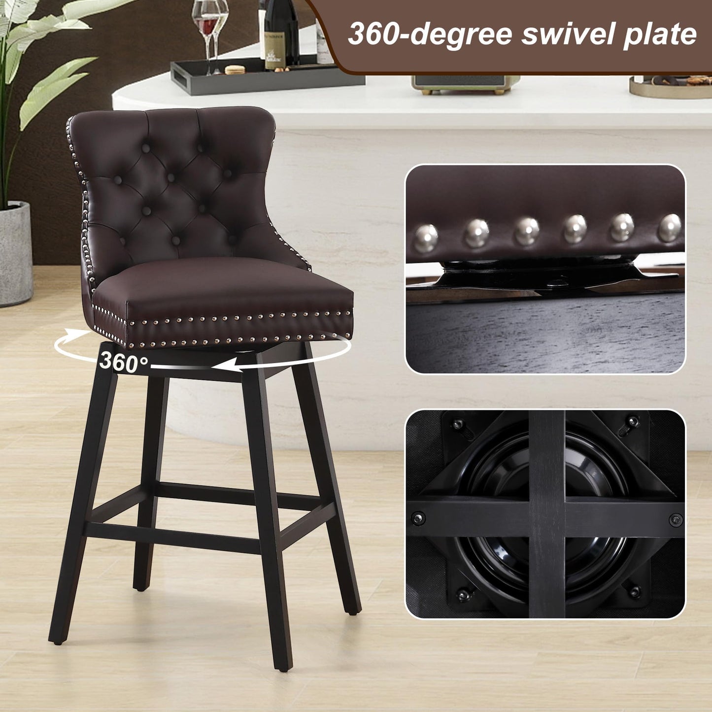 Fahomiss Brown Leather Swivel Bar Stools Set of 4 with Back, 26 Inch Counter Height Chairs, Solid Wood Legs, Tufted Seat, Comfortable and Stylish for Kitchen, Island, Home Bar（Brown, 4 Pack, 26" H）