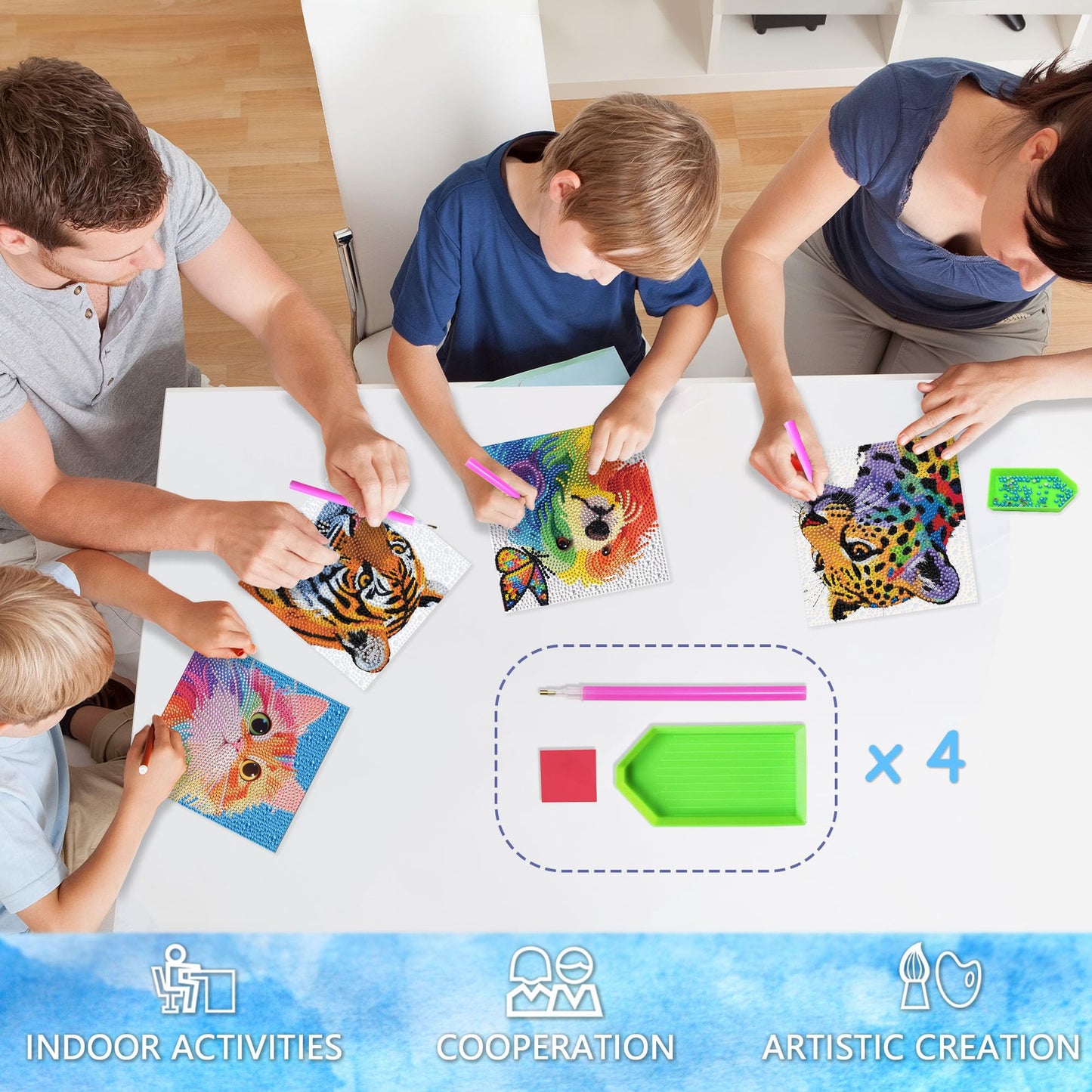 geesfayan 4 Pack Diamond Art Kit for Kids 6 Inch DIY Animal Gem Art with 4 Tools Sets, Gem Painting for Beginners, Creative Craft Gift for Teens & Kids(Tiger Leopard)