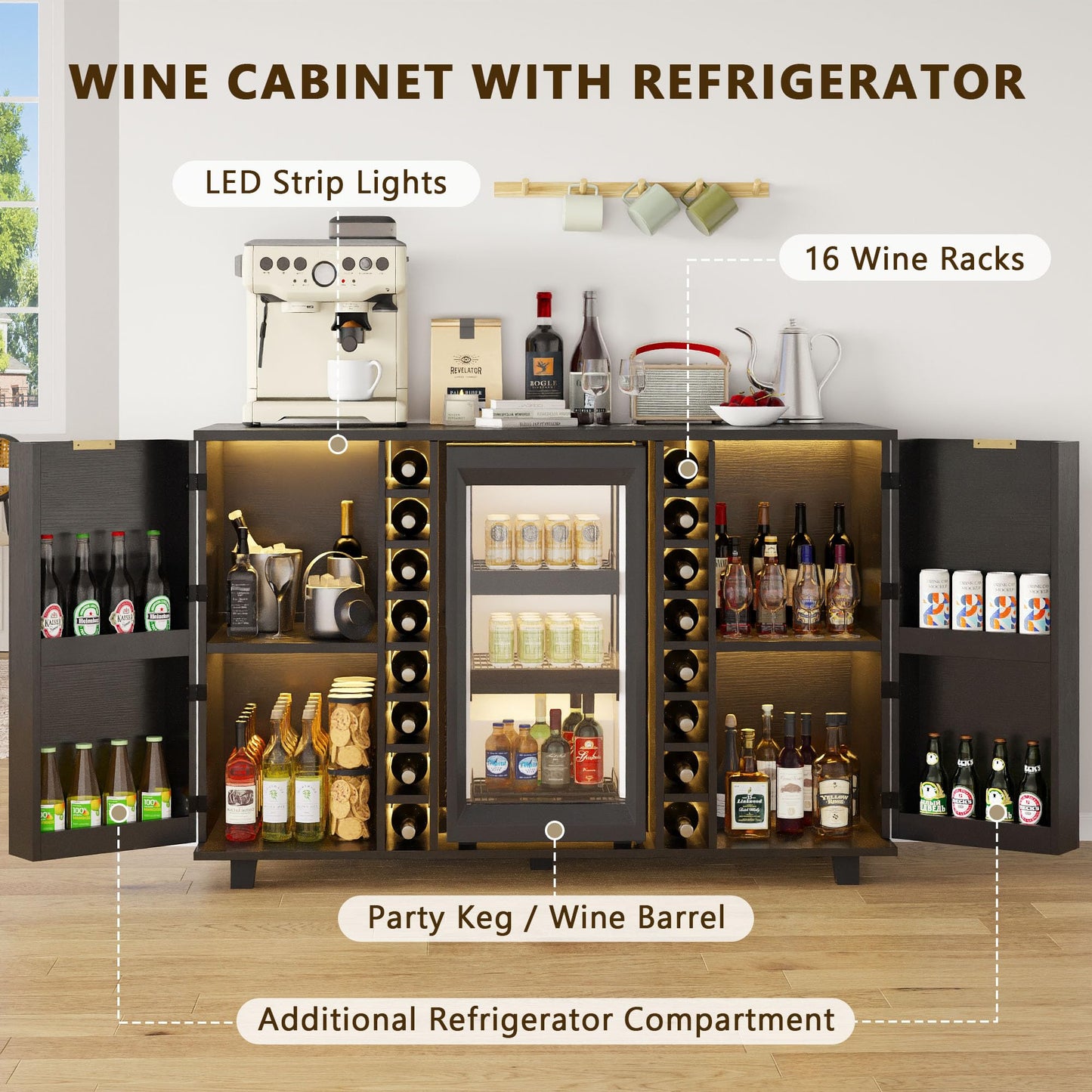 Feonase Coffee Bar Cabinet with Fridge Space (Fridge Not Include), Wine Cabinet with Wine Storage, Liquor Bar Cabinet with LED Lights, 16 Wine Racks, Wine Storage for Kitchen, Dining Room, Living Room