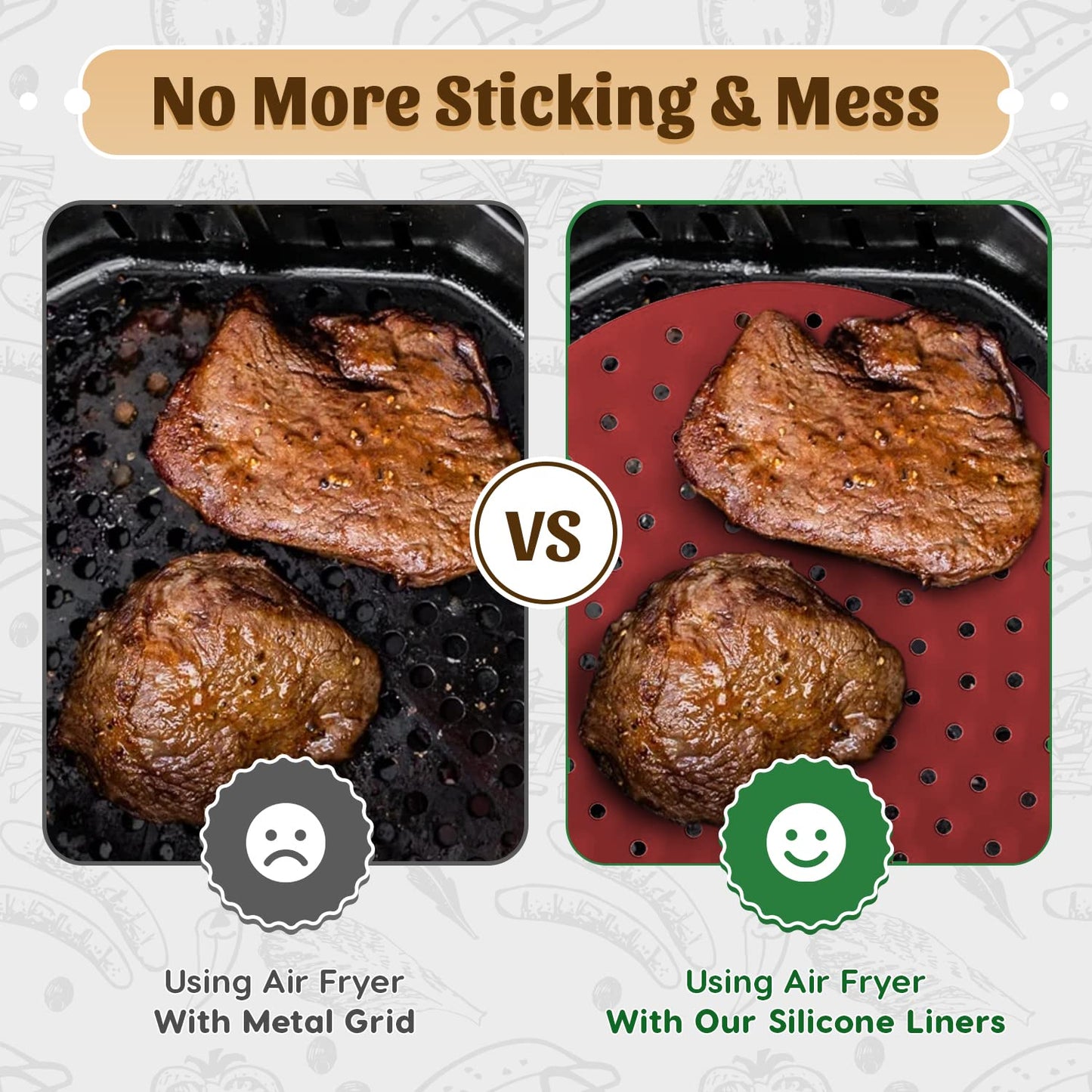 Reusable Square Silicone Air Fryer Liners (8.5 Inch, 3 Pack) by Linda’s Essentials - Non-Stick, Easy-Clean Accessories with Cheat Sheet & Recipe Book, Perfect for Quick Meals