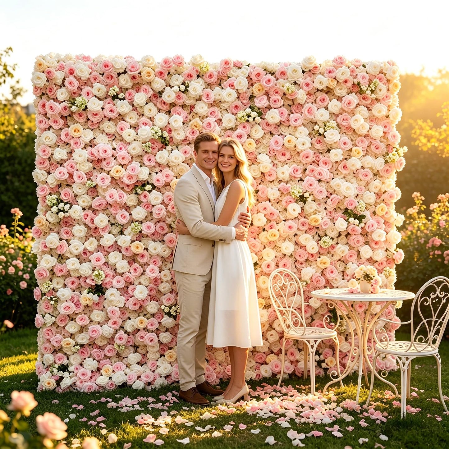 5D Artificial Silk Rose Flower Wall Backdrop, Pink and White Floral Wall, 8×8 Ft, Easy to Install and Store, Reusable, Perfect for Weddings, Birthday Parties, Garden and Home Decor, Without Stand