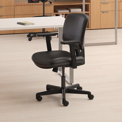 HON Volt Ergonomic Office Chair with Bonded Leather Seat and Back, Armless Desk and Computer Chair with Adjustable Center‑Tilt Recline and Wheels for Home Office or Workstation, Black