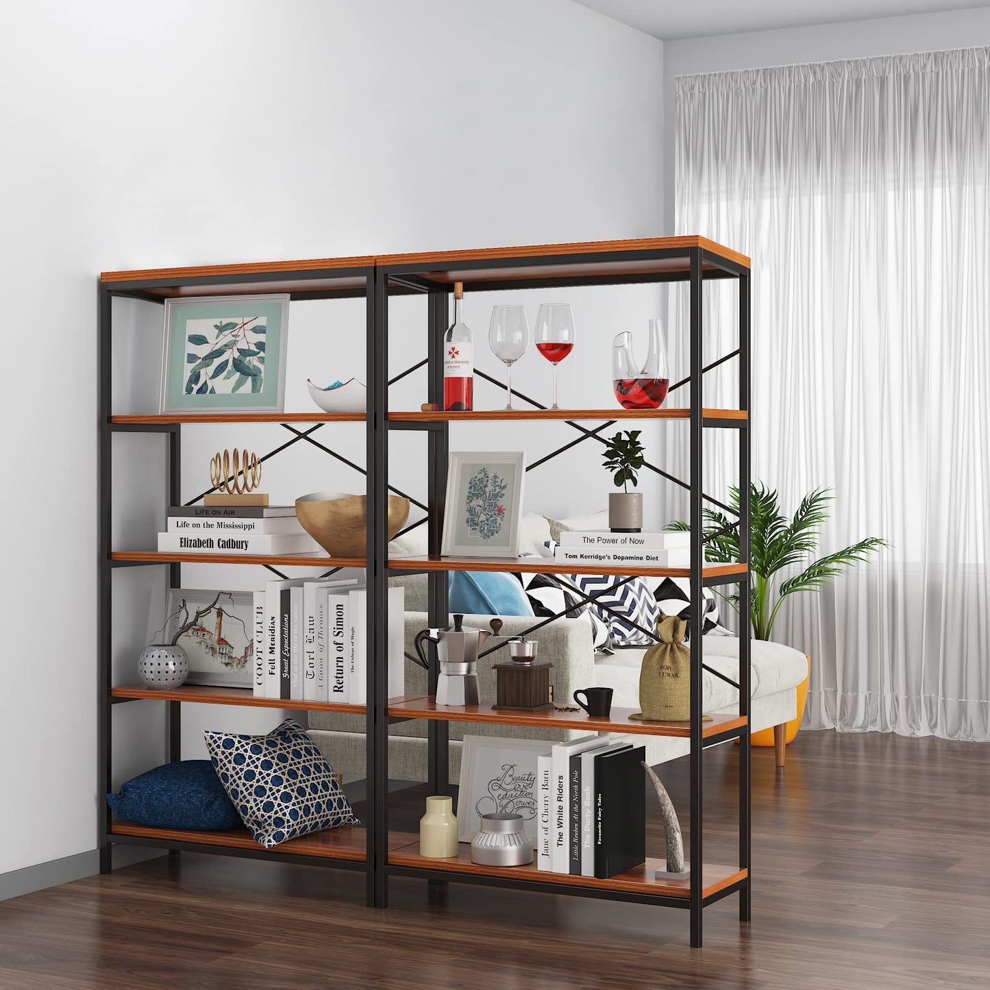 Himimi Industrial Bookshelf 5-Tier Set of 2, Bookcase 58" H Ladder Shelf, Storage Shelves Rack Shelf Unit, Accent Furniture Metal Frame, Home Office Furniture, Vintage Brown（2PCS）