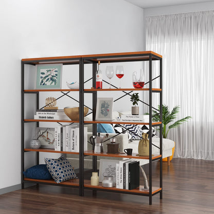 Himimi Industrial Bookshelf 5-Tier Set of 2, Bookcase 58" H Ladder Shelf, Storage Shelves Rack Shelf Unit, Accent Furniture Metal Frame, Home Office Furniture, Vintage Brown（2PCS）