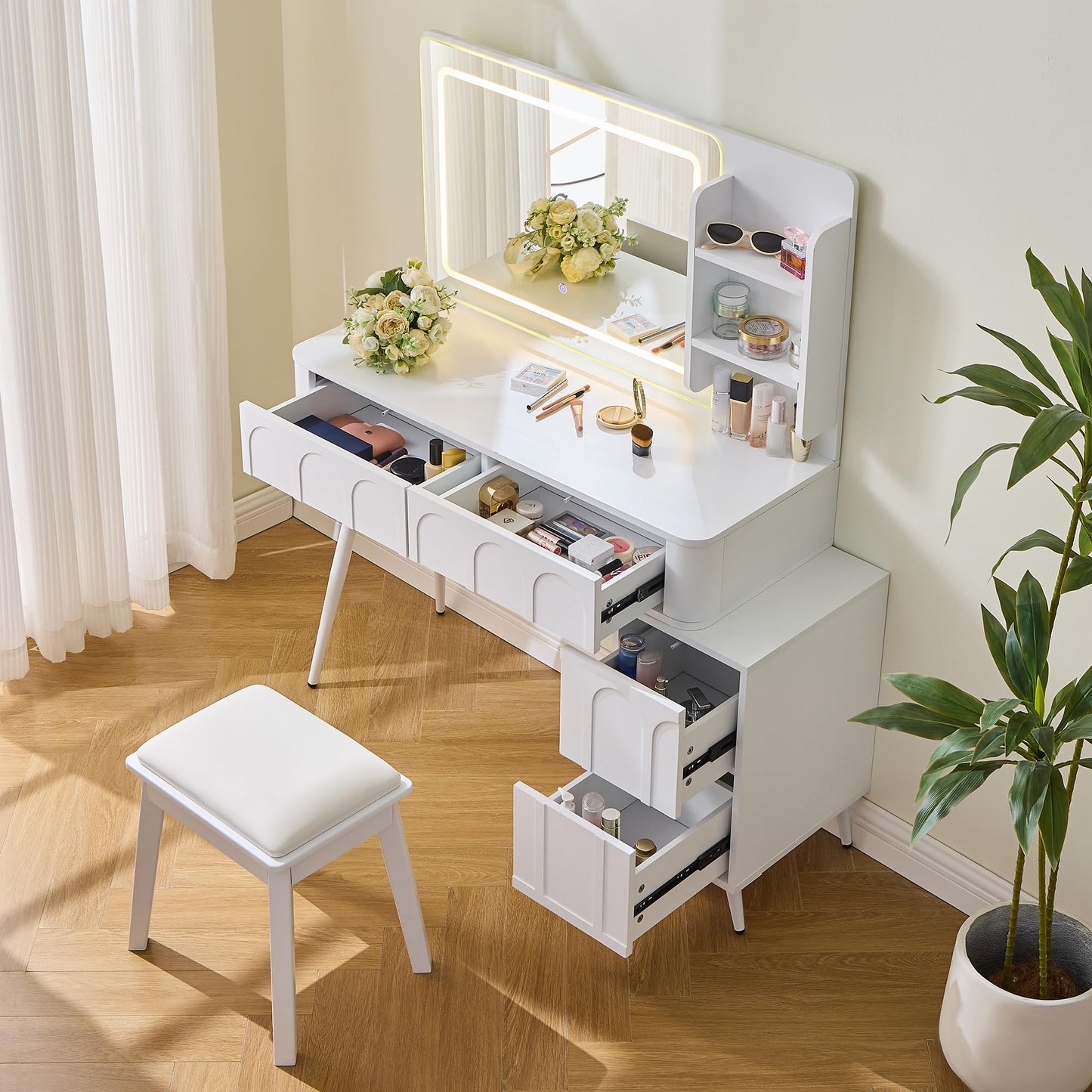 Merax Makeup Vanity Desk with Mirror and Lights, Vanity Table and Stool Set with Drawer & Movable Side Cabinet, White Dressing Table for Bedroom with LED Mirror Stepless Dimmable & 3 Color Modes