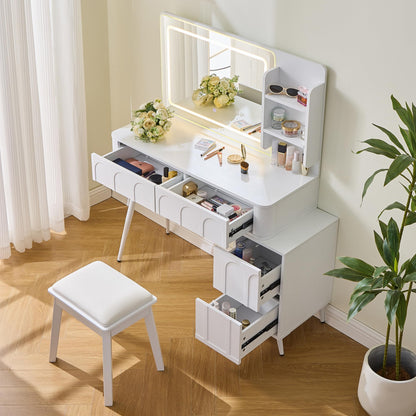 Merax Makeup Vanity Desk with Mirror and Lights, Vanity Table and Stool Set with Drawer & Movable Side Cabinet, White Dressing Table for Bedroom with LED Mirror Stepless Dimmable & 3 Color Modes