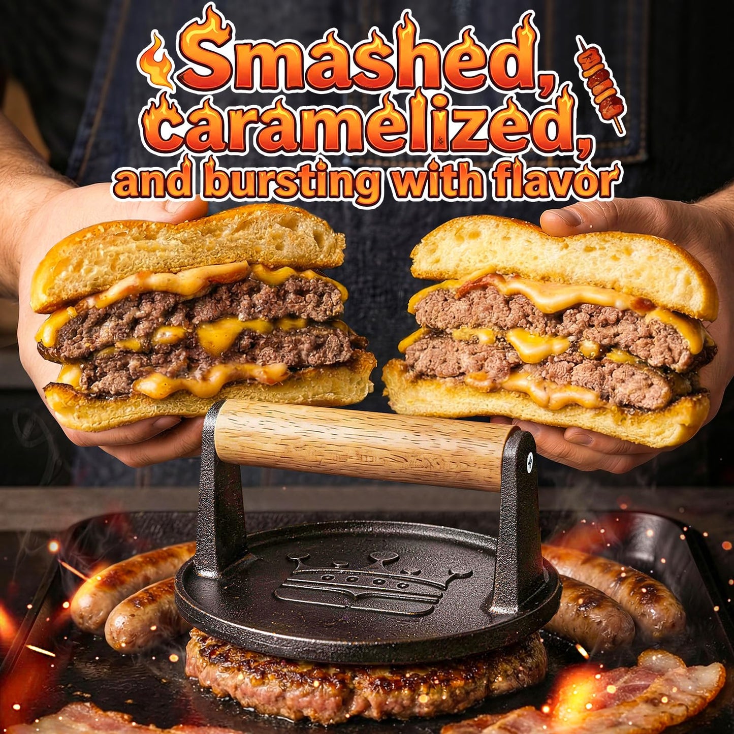 Smash Burger Press 6.5”,Cast Iron Flat Round Edge Grill/Bacon/Meat/Hamburger/Chef Press with Wood Handle,1.74lb hamburger press patty maker for Griddles,Nonstick burger smasher for griddle accessories