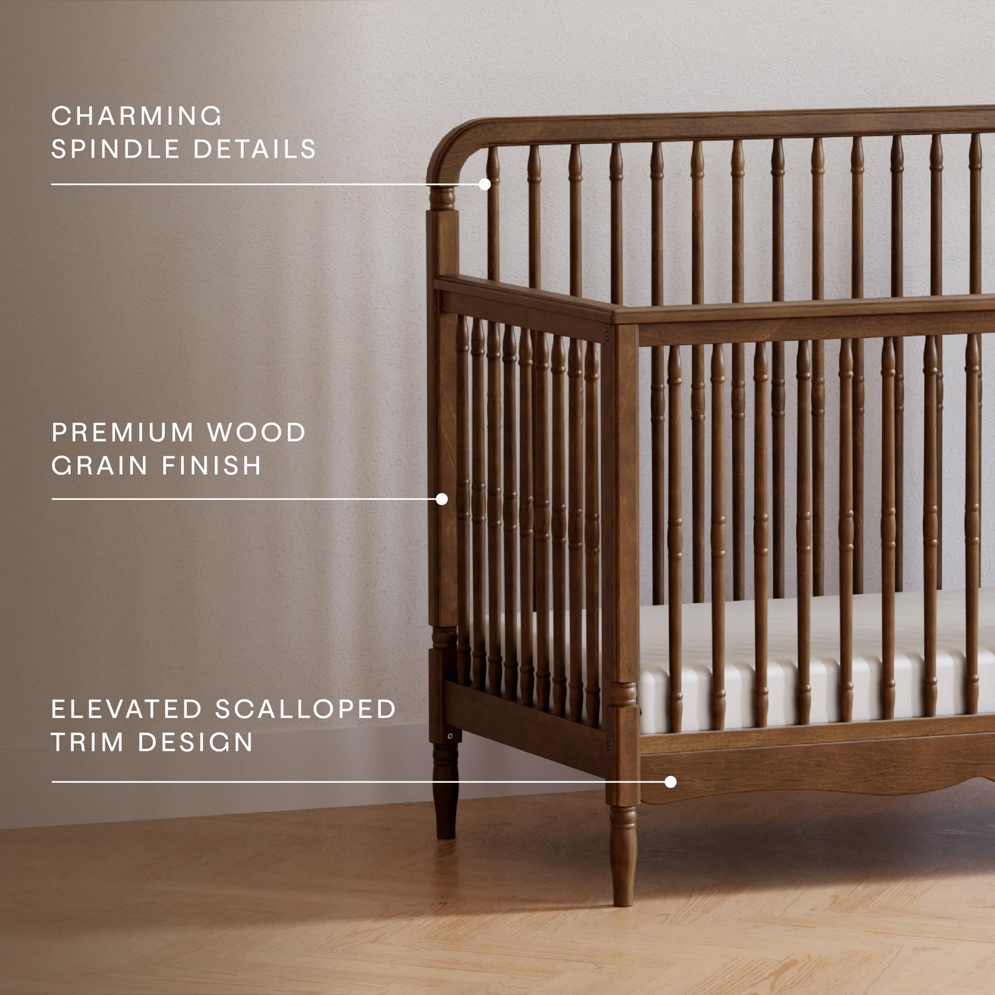 Namesake Liberty 4-in-1 Convertible Spindle Crib, Converts from Full-Size Crib to a Toddler Bed, Daybed, and Full-Size Bed, Easy to Assemble, Greenguard Gold Certified (Natural Walnut)