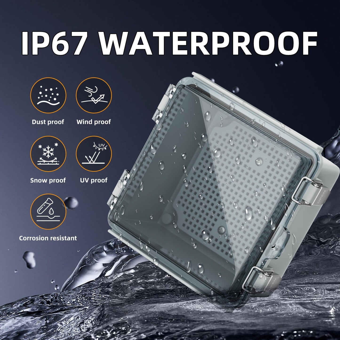 Joinfworld 6x6x4 Outdoor Electrical Box Weatherproof Junction Box Plastic Clear Waterproof Box Enclosure Nema 4 for Electronics Project WiFi Timer Conduit Marine Outside