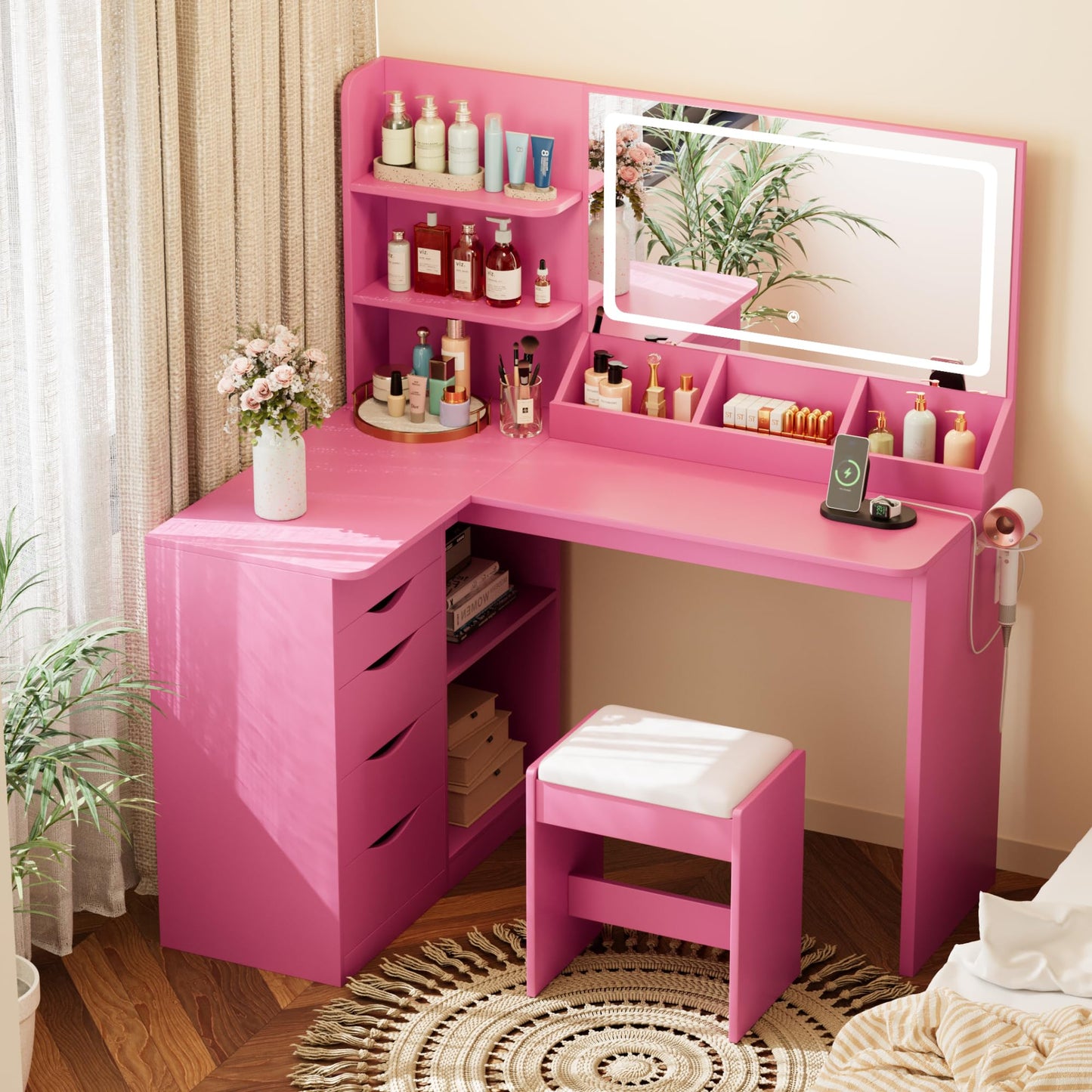 YESHOMY Vanity Desk with Lights and Mirror, L Shaped Makeup Table, Dresser with Hairdryer Holder and Power Outlet, Adjustable 3 Lighting Modes, 5 Drawers and Adjustabled Open Storage Shelves, Pink
