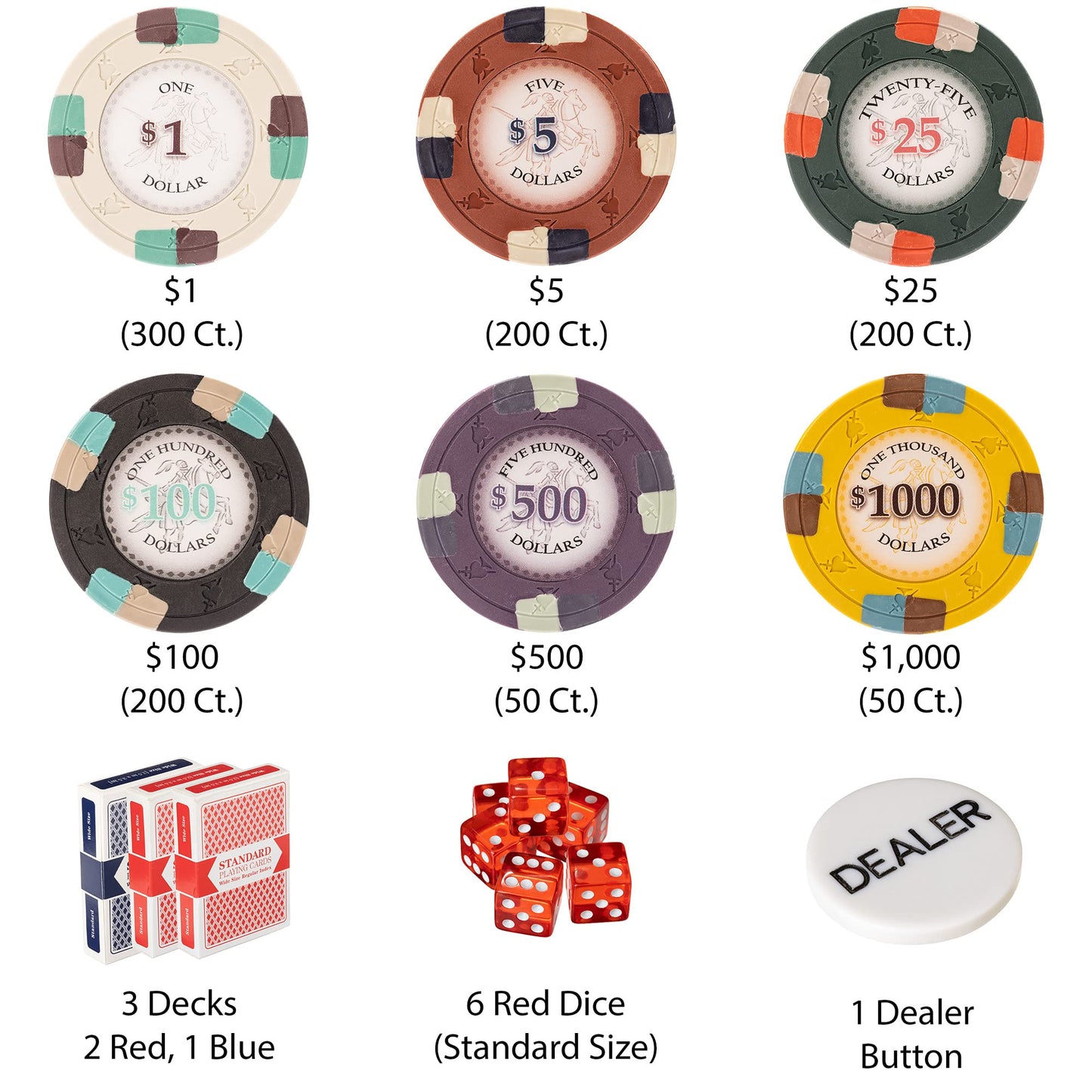 Claysmith Gaming Poker Knights Poker Chips Set - 1000 Heavyweight (13.5-Gram) Clay Composite Chips with Aluminum Case - Professional Casino Supplies, Kits, Holders, & Storage Container