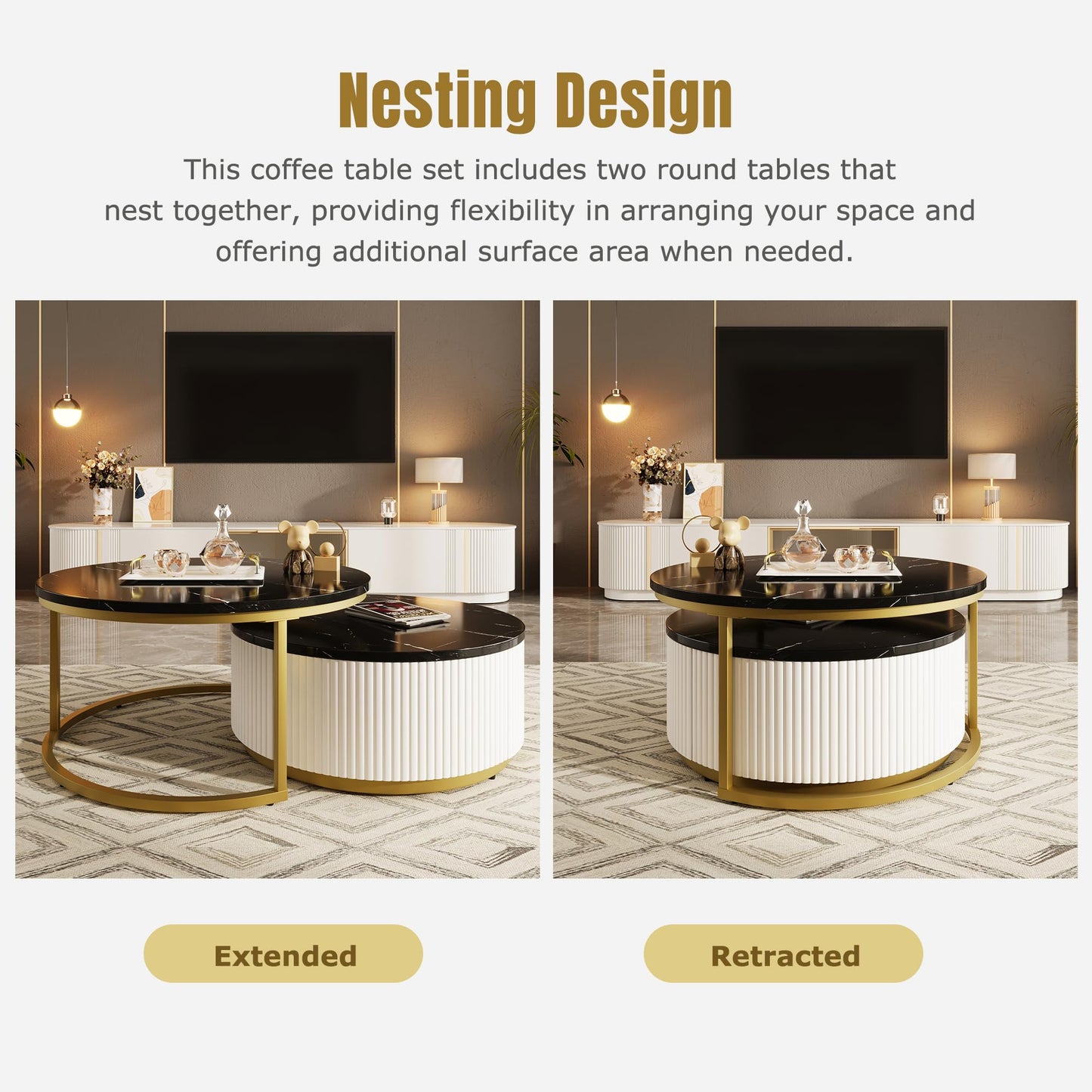 Merax 27.6" Modern Round Nesting Coffee Table Fluted with Drawer for Home Living Room, Black & Gold