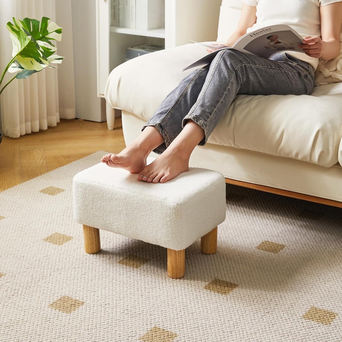 15.74" D11.41" W9.84" UHBD030W YMYNY Ottoman, Modern Footrest with Soft Padded Seat, Foot Stool with Wood Legs, Small