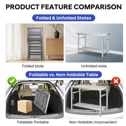 GAOMON 60" Folding Stainless Steel Table, 920 LBS Commercial Worktable Workstation with Undershelf for Prep & Work, NSF Stainless Steel Kitchen Island for Home Kitchen Restaurant Garage Warehouse