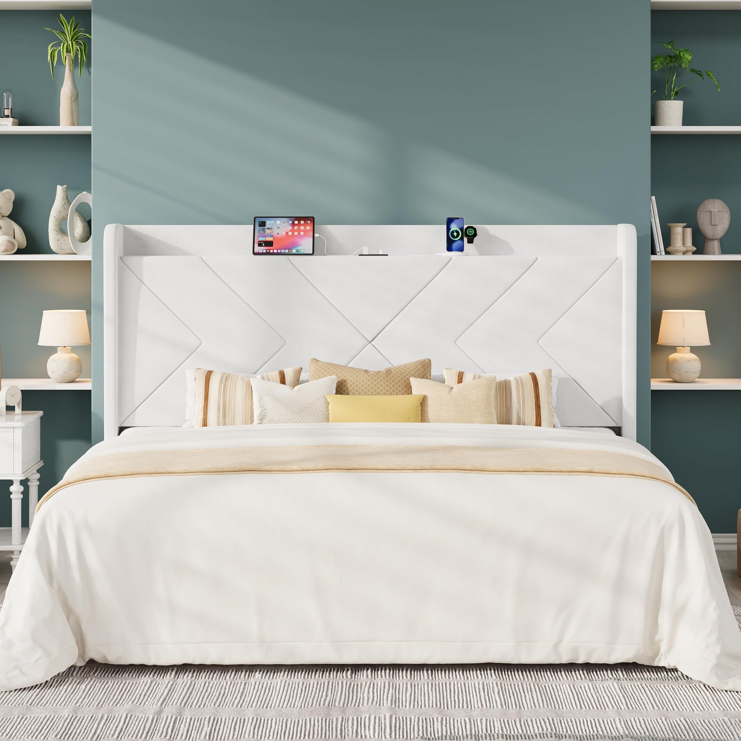Allewie King Size Platform Bed Frame with Charging Station and Storage Shelf/Upholstered Velvet Wingback Headboard/Wooden Slats Support/No Box Spring Needed/Easy Assembly, White