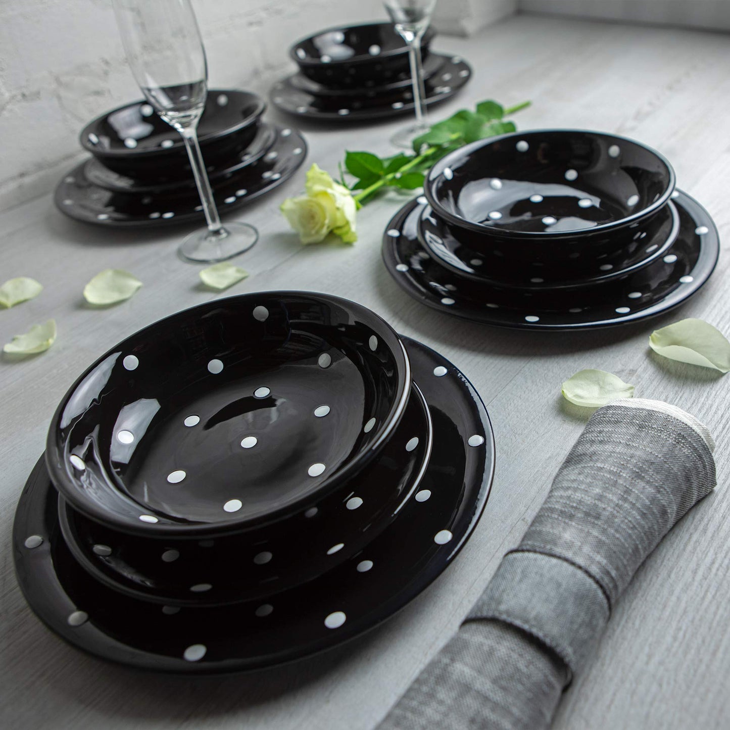 Handmade Black and White Polka Dot Ceramic 12 piece Dinnerware Set | Pottery Tableware Service for 4 | Dinner Plates | Side Plates | Bowls | Housewarming Gift by City to Cottage®