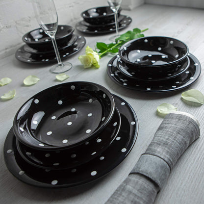 Handmade Black and White Polka Dot Ceramic 12 piece Dinnerware Set | Pottery Tableware Service for 4 | Dinner Plates | Side Plates | Bowls | Housewarming Gift by City to Cottage®