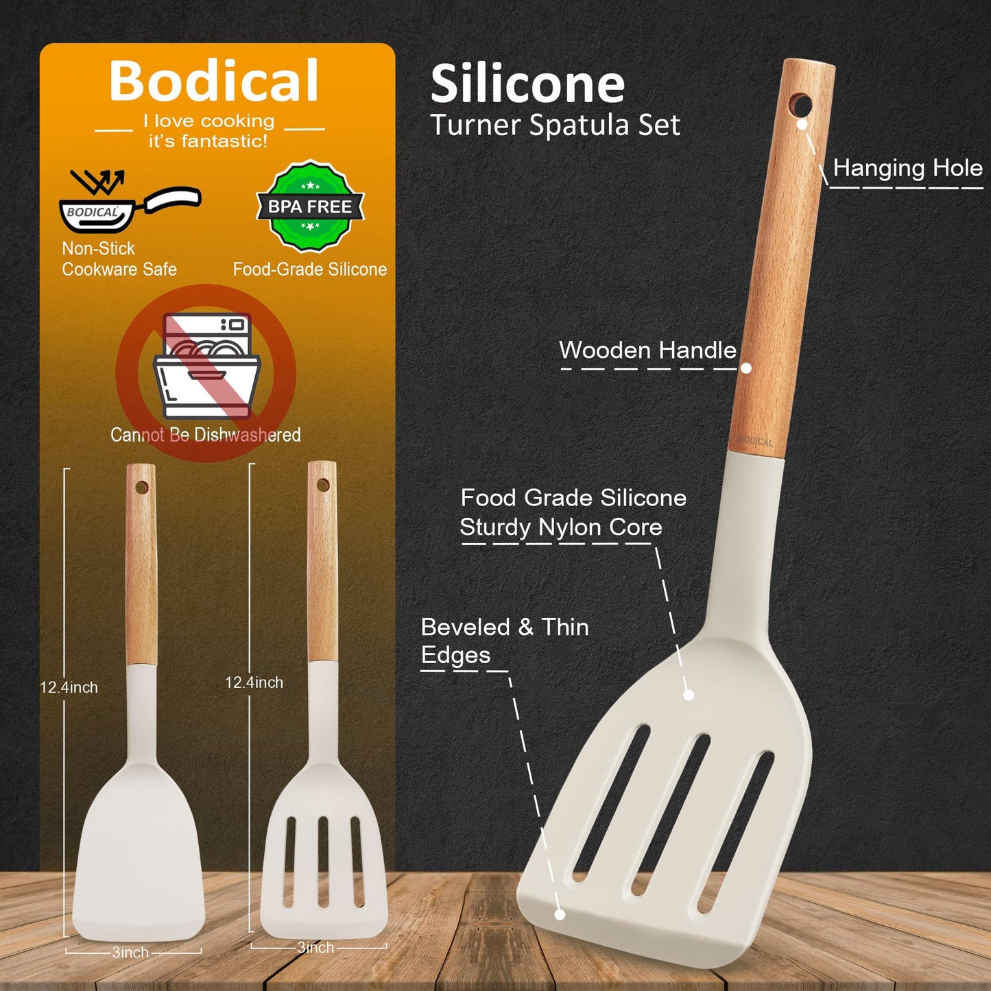 Set of 2 Silicone Spatula Turner for Nonstick Cookware, 600°F Heat Resistant Solid Slotted Kitchen Spatula Set with Wooden Handle, Cooking Utensils Set for Egg, Pancake, Fish, Burger