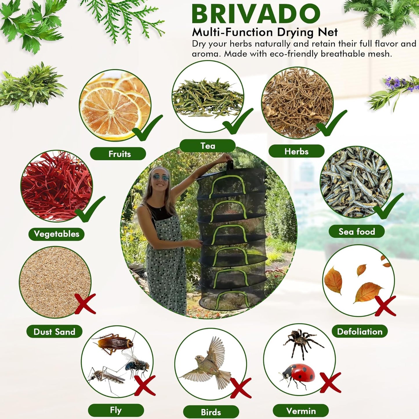 BRIVADO 6 24" Herb Drying Rack Hanging Mesh Layer with Zipper, Gloves, Garden Pruning Shear, Hook & Carabiner Clip