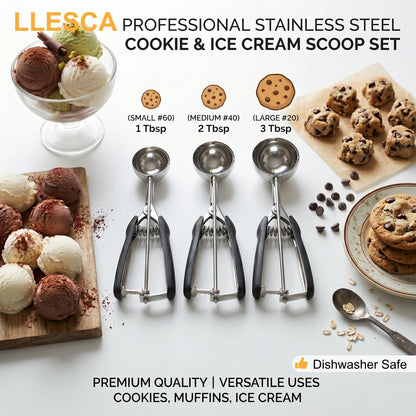 Cookie Scoop Set, 3Pcs Ice Cream Scoop, Cookie Scoops for Baking Set of 3, 18/8 Stainless Steel Cookie Scooper for Baking, Ice Cream Scooper with Trigger Release, Cookie Dough Scoop with Non-slip Grip