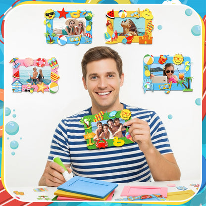 Marsui 232 Pcs Summer Picture Frame Craft Kit DIY Beach Summer Foam Picture Frames 5 x 7 Inch with 32 Felt Photo Frames 200 Foam Stickers for Tropical Party Holiday Game Activity Birthday Gifts