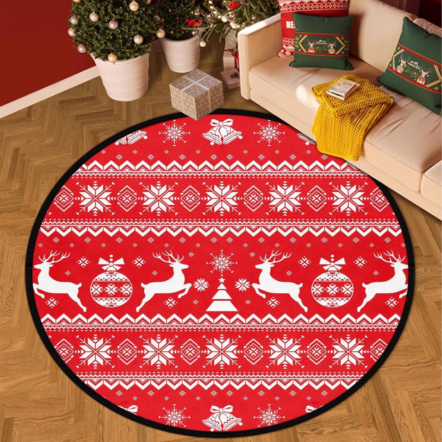 Christmas Boho Round Rug, Merry Christmas Area Rug for Bedroom Living Room, Non-Slip Floor Mat Carpet