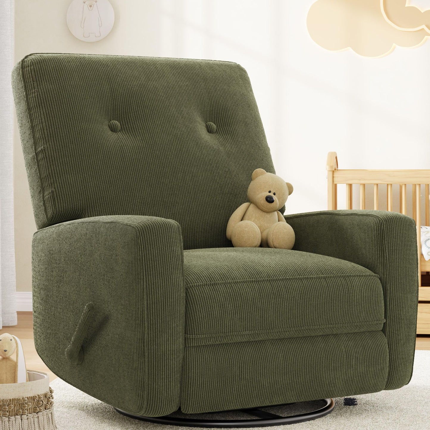 IDEALHOUSE Recliner Chair, 360° Swivel Rocking Glider Chair for Adults with Adjustable Backrest & Footrest, Cozy Corduroy Upholstered Armchair for Living Rooms, Bedrooms, Apartments, Green