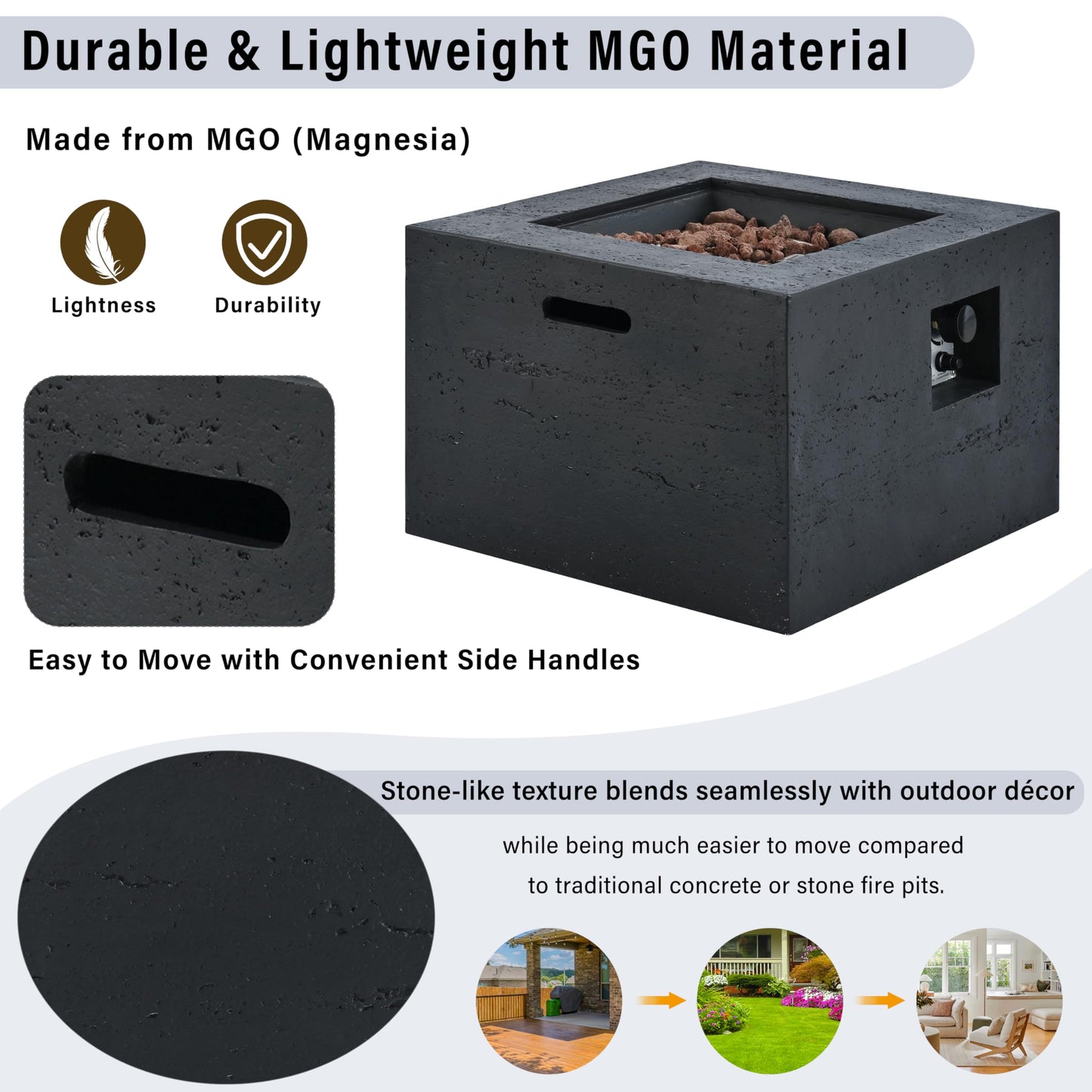 Merax MGO Outdoor Square Fire Pit with Steel Burner,Lightweight 24.02-inch Propane Fire Pit Table with Adjustable Flame, 40,000 BTU, Lava Rocks, and Rain Cover for Patio,Backyard, Poolside, Black