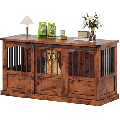 Homiflex Dog Crate Furniture with Barn Sliding Doors, 53" Large Dog Kennel Furniture Indoor with Divider for Medium Large Dogs, Heavy Duty Wooden Dog Cage Decorative TV Stand, Brown