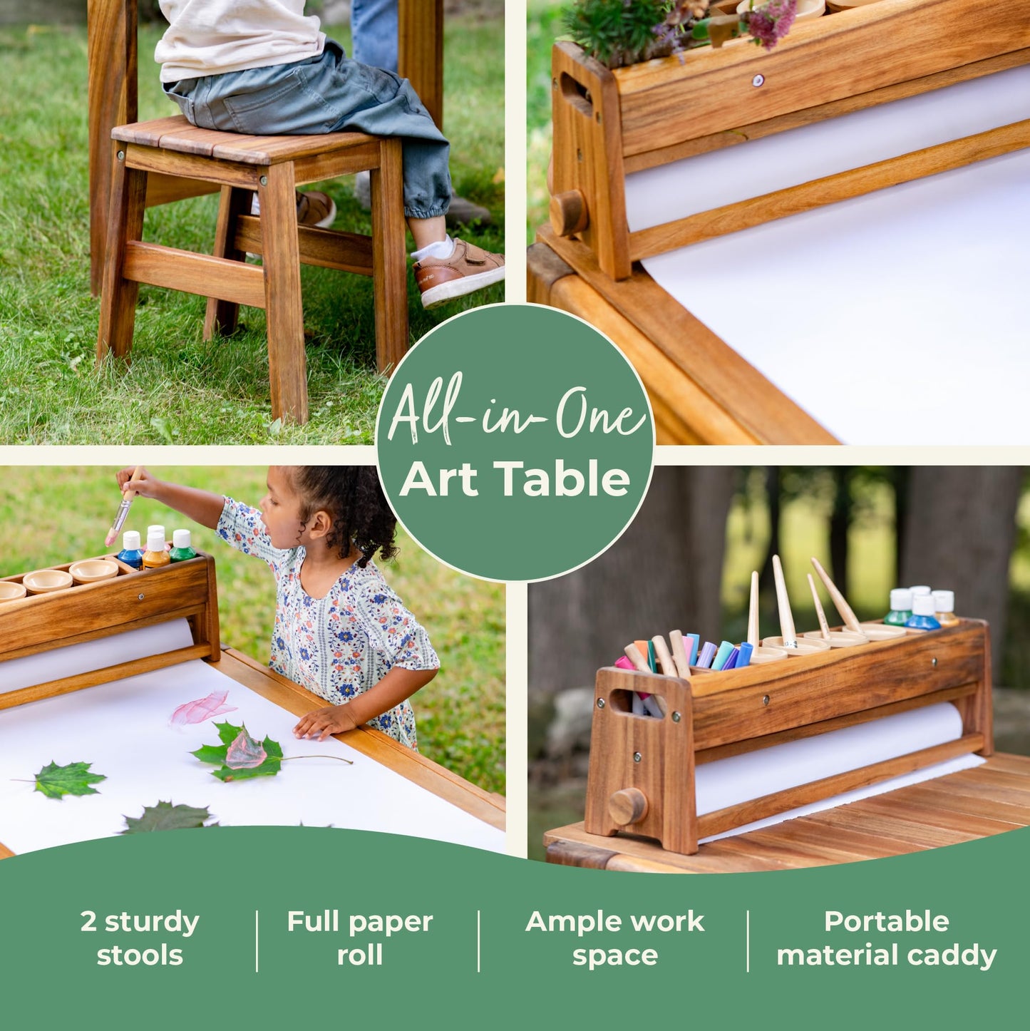 Guidecraft Acadia Outdoor Art Table and Stool Set: Kids Acacia Wood Arts and Crafts Table w/ 2 Chairs, Mobile Storage Paper Roll, and Paint Cups for Drawing, Painting and Toddler Picnic Activities
