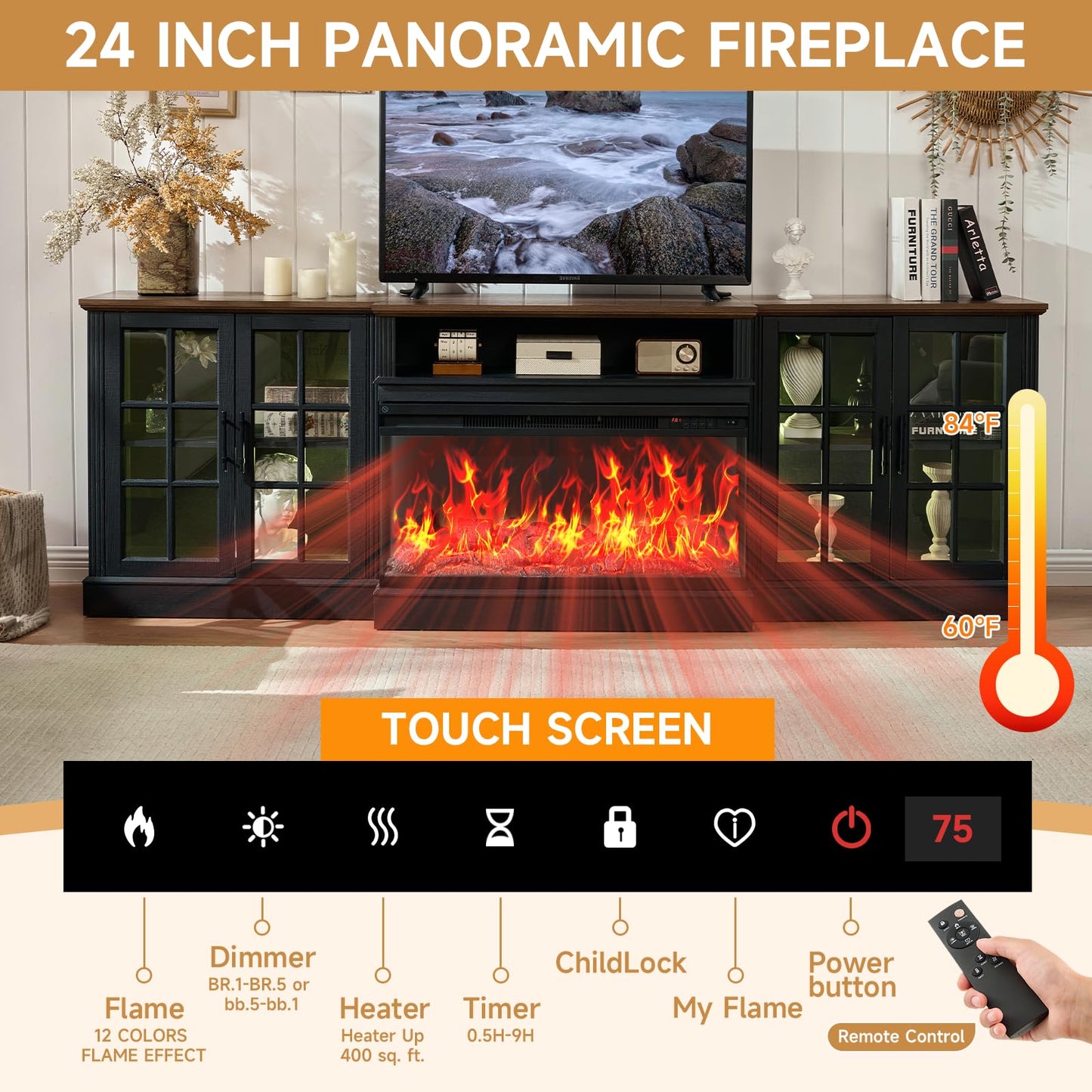 ROCKPOINT 97" Farmhouse Fireplace TV Stand with 3 Sided Glass 36" Electric Fireplace Heater for TVs up to 100", Media Entertainment Center with Adjustable Shelves and Large Storage Cabinets, Black