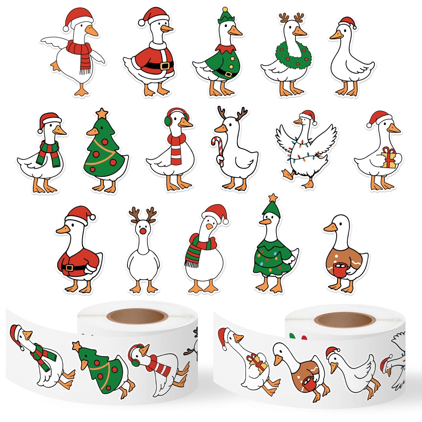 DSjuedui Christmas Goose Roll Stickers - 1000Pcs Silly Cartoon Xmas Tree Snowman Goose Vinyl Decals for Kids, Funny Animals Theme Stickers Gifts for Christmas Party Home Decor Laptops Guitars Luggage