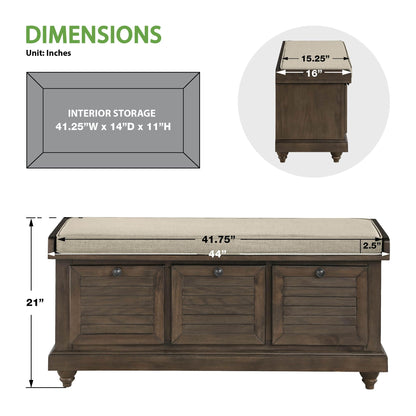 OSP Home Furnishings Dover Coastal Lift-Top Storage Bench with Shutter Face Styling, Dark Walnut Finish with Beige Fabric Cushion