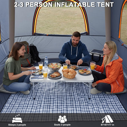 2-3 Person Inflatable Glamping Tent,Easy Set up with Hand Air Pump, Waterproof Blow Up Tent for Adults, Portable Outdoor for Hiking/Backpacking/Fishing，Grey